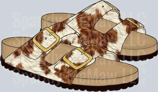 Cow Print Birkenstock Style Sandals with Gold Buckles UV DTF Decal