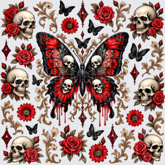 Gothic Skull Butterfly Red Roses is a 10x10 UV DTF Cut and stick sheet