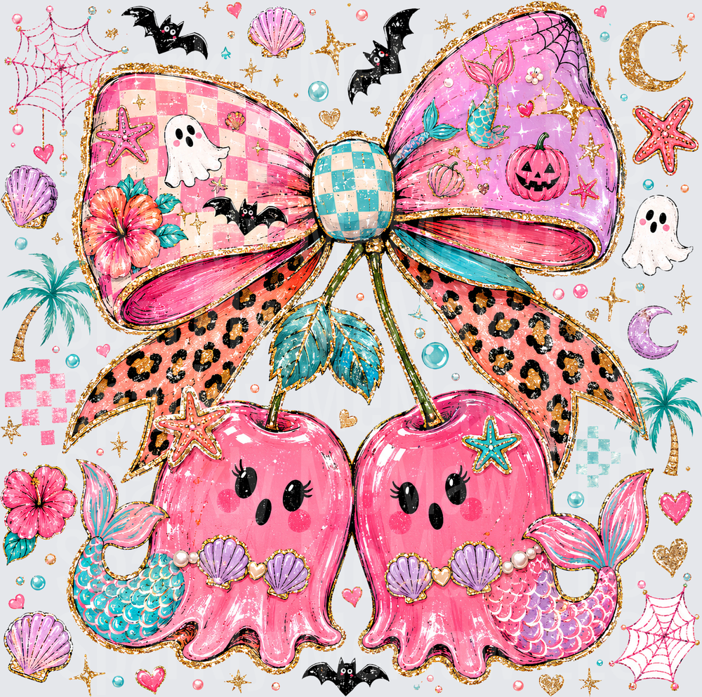 Coquette Halloween Mermaid Cherry Ghost Bow with Leopard Print Spooky Beach Vibes UV DTF Decal