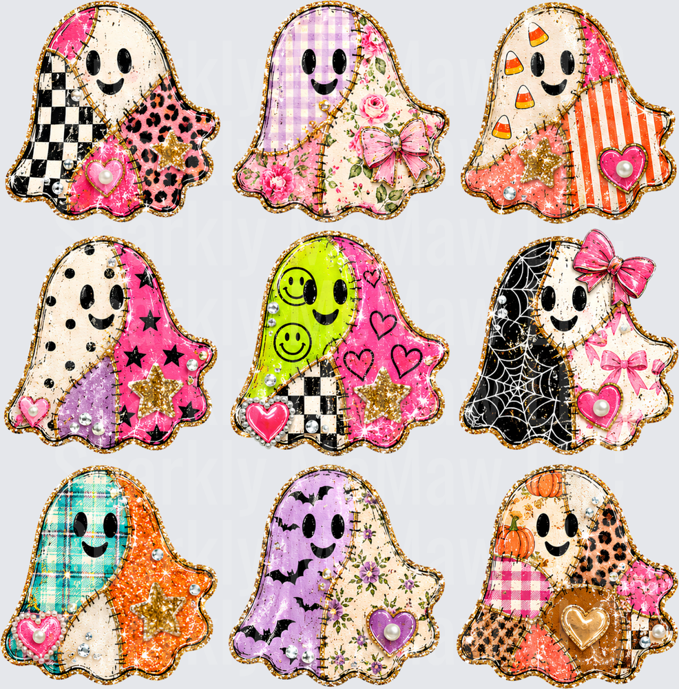 Patchwork Halloween Ghost Bundle with Checkered Floral Leopard Spider Web and Bow Designs UV DTF 10x10 element sheet