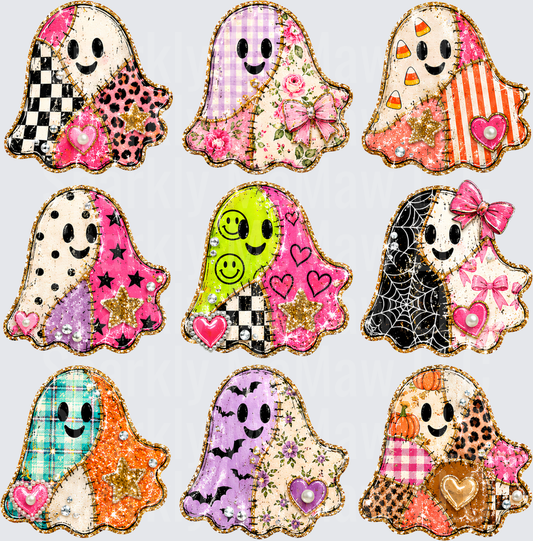 Patchwork Halloween Ghost Bundle with Checkered Floral Leopard Spider Web and Bow Designs UV DTF 10x10 element sheet