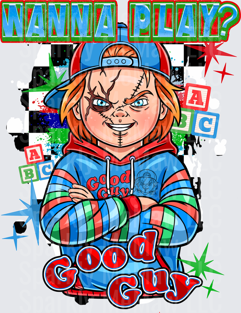 Chucky Good Guy Doll Wanna Play Horror Movie Character DTF Transfer for Fabric