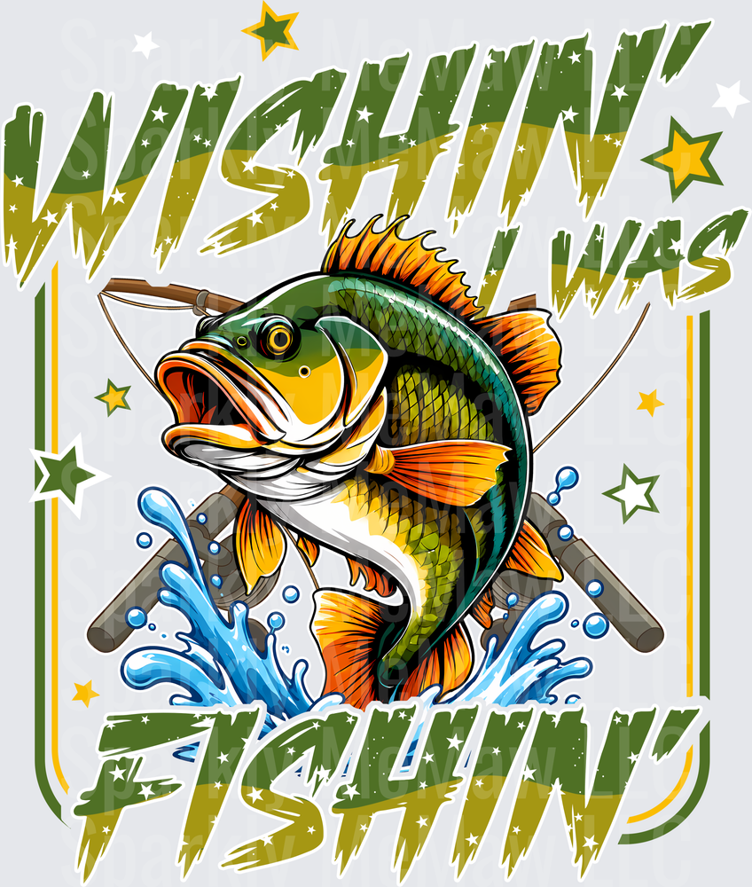 Wishin I Was Fishin Bass Jumping with Crossed Fishing Rods and Water Splash UV DTF Decal