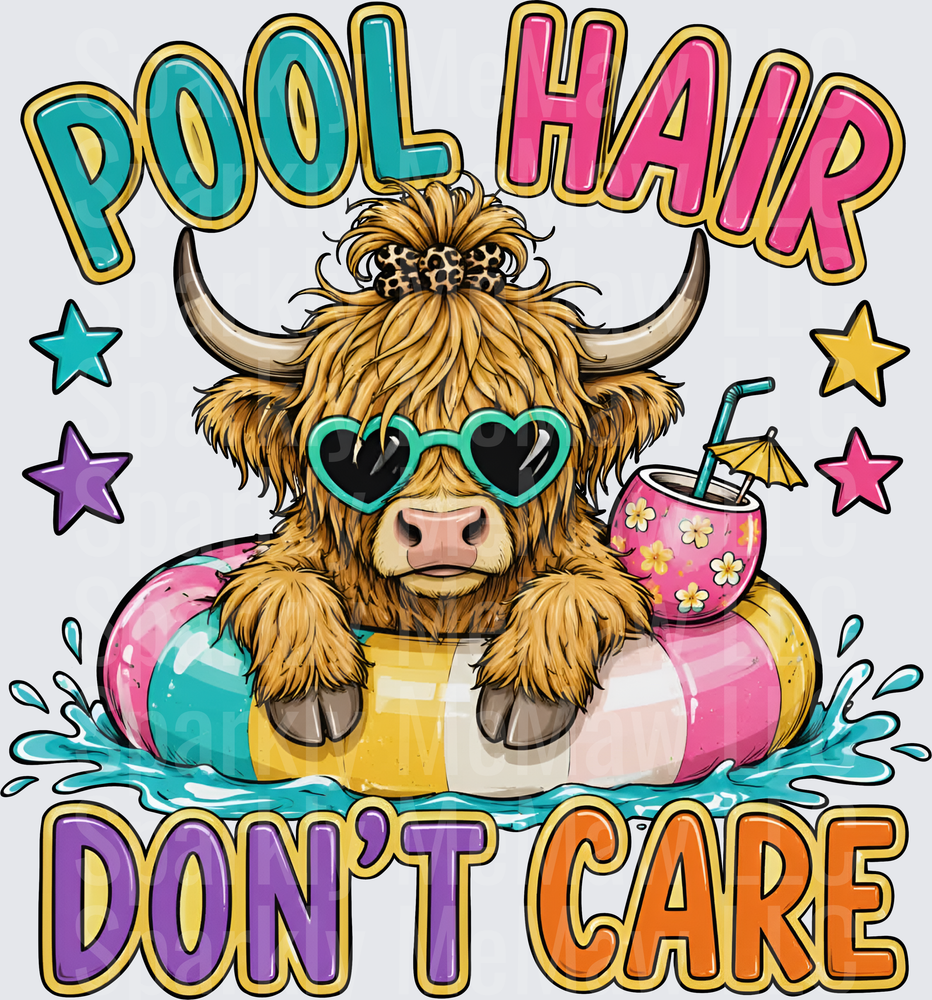 Pool Hair Don't Care Highland Cow Wearing Heart Sunglasses Floating in Pool Ring Summer DTF Transfer