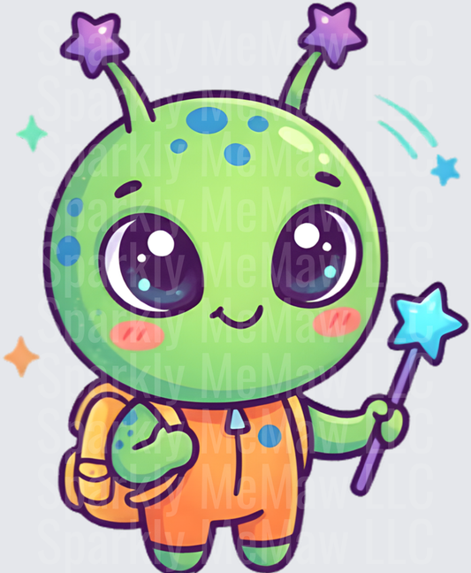 Cute Green Alien Astronaut with Magic Wand and Stars UV DTF Decal