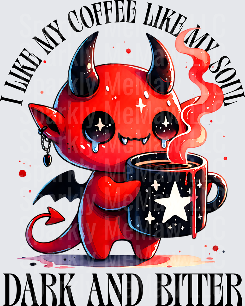 Cute Red Devil with Coffee Mug I Like My Coffee Like My Soul Dark and Bitter UV DTF Decal