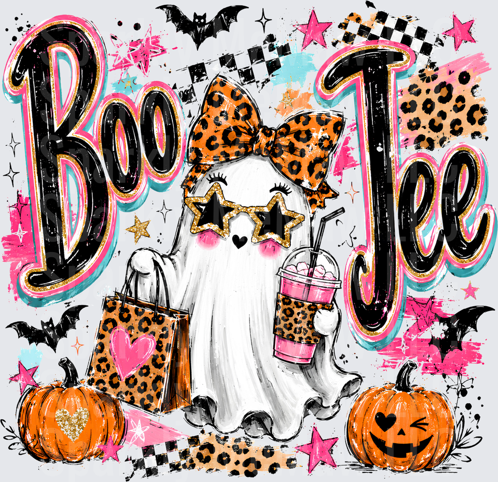Boo Jee Sassy Ghost with Leopard Bow Star Sunglasses Shopping Bag and Pink Drink Halloween UV DTF Decal