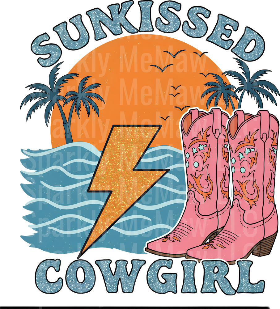 Sunkissed Cowgirl Pink Boots Lightning Bolt Beach Scene UV DTF Decal