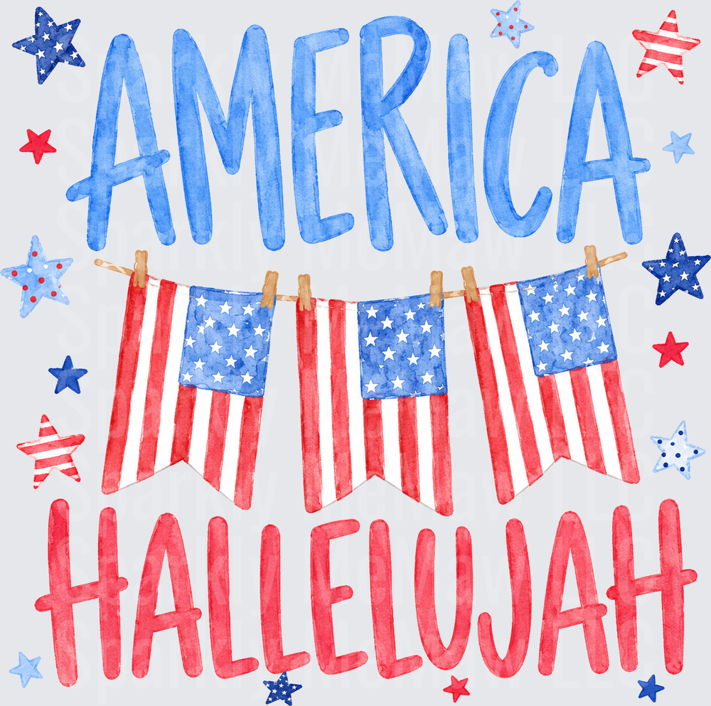 America Hallelujah Patriotic Fourth of July Watercolor Design with Flag Bunting and Stars DTF Transfer