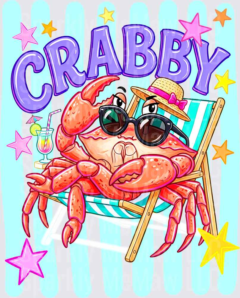 Crabby Grumpy Crab in Sunglasses and Straw Hat Relaxing on Beach Chair with Tropical Drink DTF Transfer for Fabrics