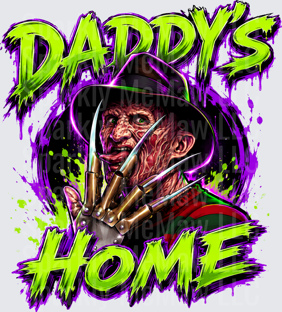 Freddy Krueger Daddy's Home UV DTF Decal Nightmare on Elm Street Horror Halloween Neon Purple Green Splatter Glove Claws