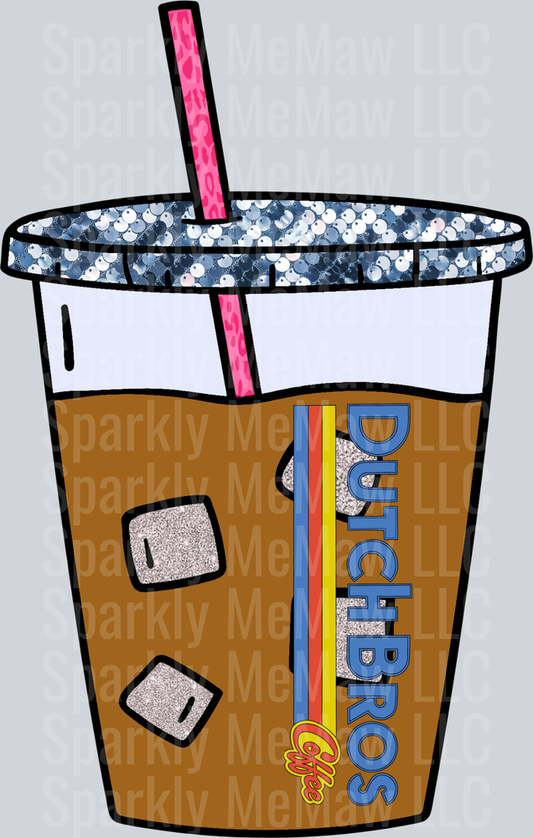 Dutch Bros Iced Coffee Cup with Glitter Sequin Lid UV DTF Decal