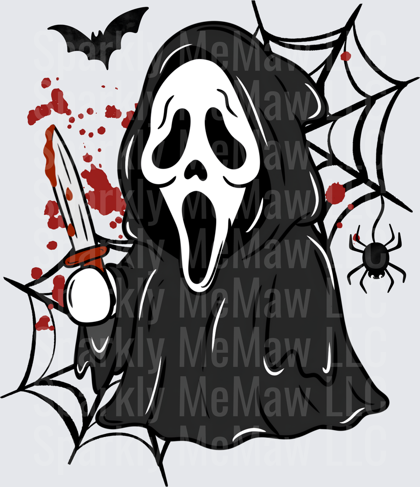 Ghostface Scream Horror Killer with Bloody Knife Spider Webs and Bats Halloween DTF Transfer for Fabrics