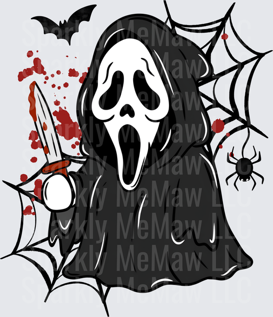 Ghostface Scream Horror Killer with Bloody Knife Spider Webs and Bats Halloween DTF Transfer for Fabrics
