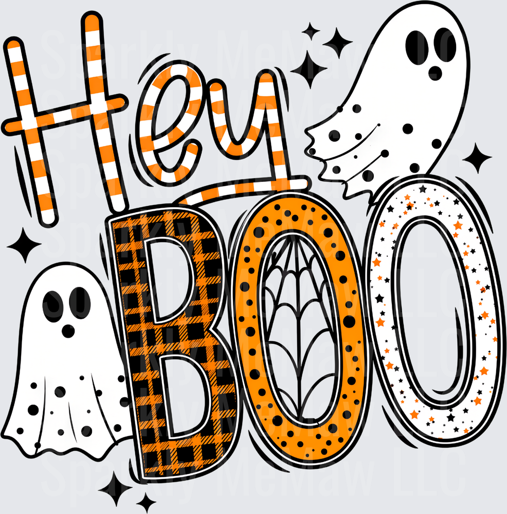 Hey Boo Halloween Ghost Orange Plaid Buffalo Check Sparkle Design DTF Transfer for Fabrics