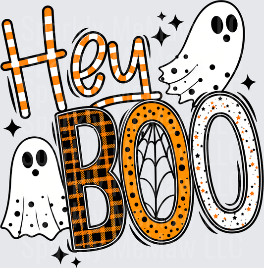 Hey Boo Halloween Ghost Orange Plaid Buffalo Check Sparkle Design DTF Transfer for Fabrics