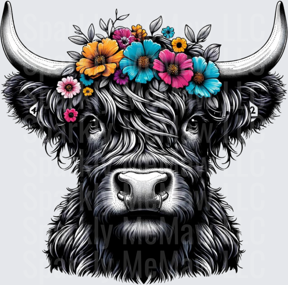 Highland Cow with Vibrant Flower Crown Portrait