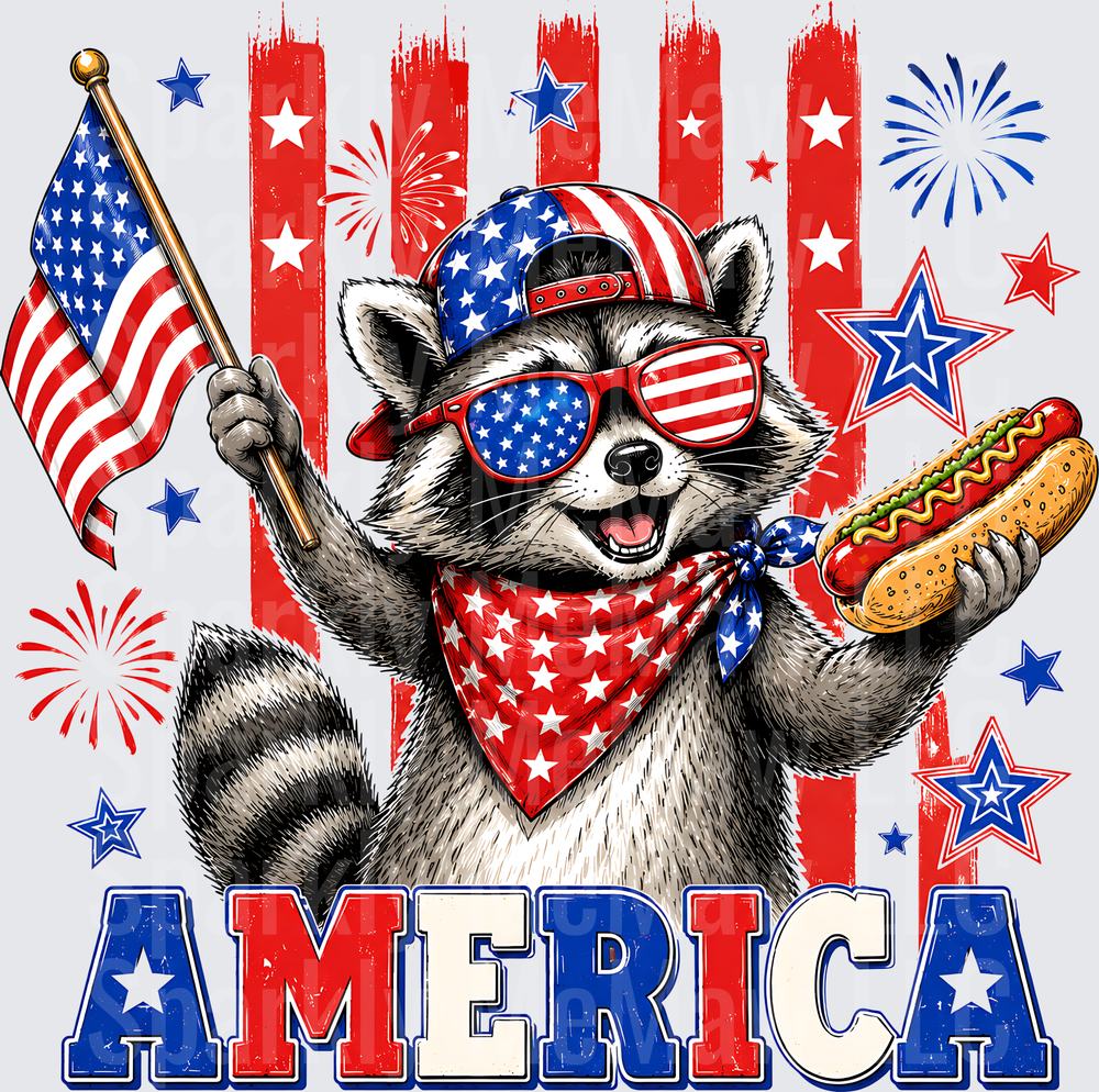 Patriotic Raccoon with American Flag and Hot Dog America Fourth of July UV DTF Decal