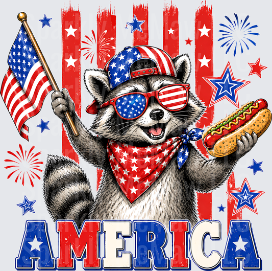 Patriotic Raccoon with American Flag and Hot Dog America Fourth of July UV DTF Decal