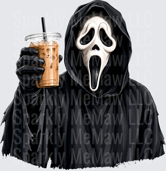 Ghostface Scream Mask Horror Icon Holding Iced Coffee DTF Transfer (Fabrics)