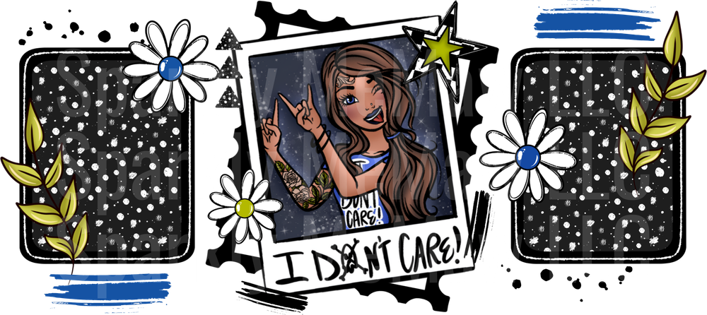 I Don't Care Girl with Daisies and Starry Night Frames 16 oz UV DTF Wrap