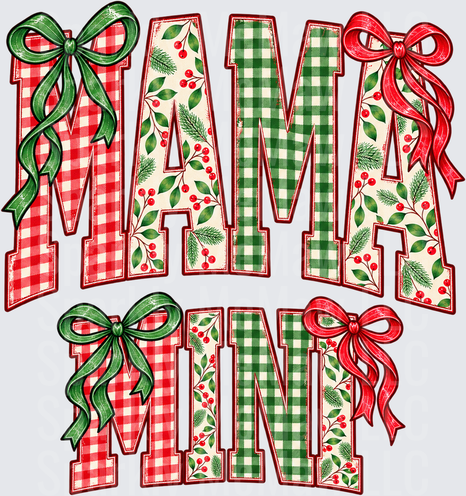 Mama Mini Christmas Plaid Bows DTF Transfer for Fabrics