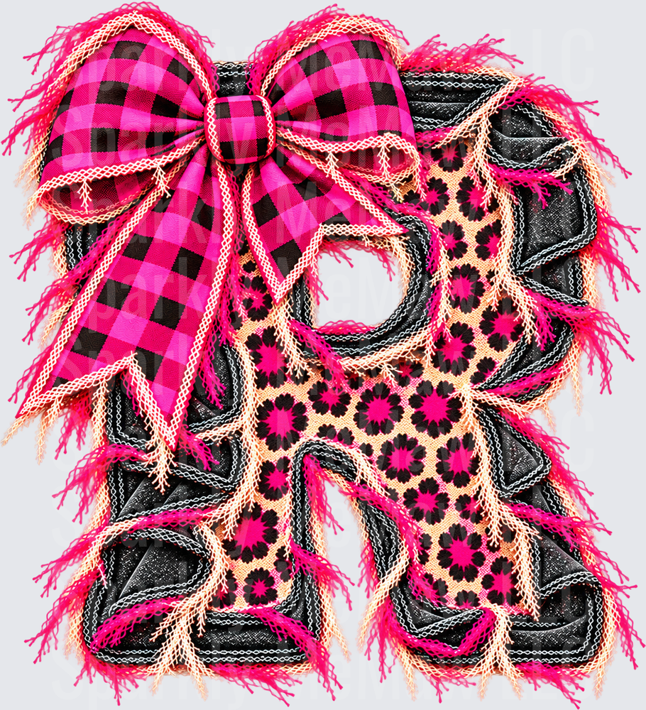 Letter R Leopard Pink Buffalo Plaid Bow DTF Transfer for Fabrics