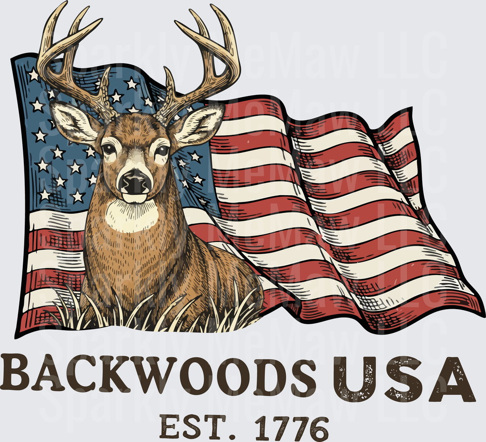 Backwoods USA Est. 1776 Deer Buck American Flag Patriotic Design DTF Transfer for Fabric