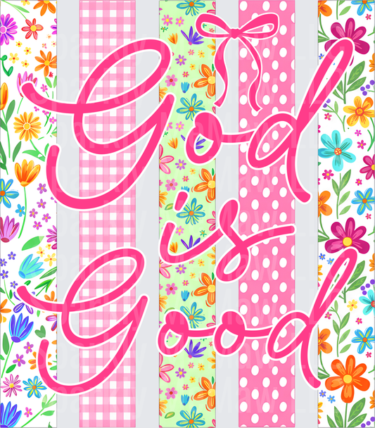 God is Good Pink Script Lettering with Colorful Floral Gingham Polka Dot Stripes UV DTF Decal
