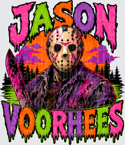Jason Voorhees Friday the 13th Neon Horror Dripping Text Machete Camp Crystal Lake DTF Transfer for Fabrics