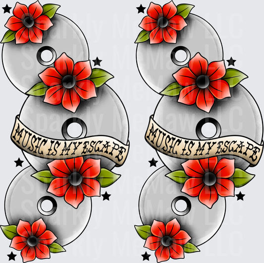 Music Is My Escape Stacked CDs Red Floral Traditional Tattoo Style UV DTF Decal