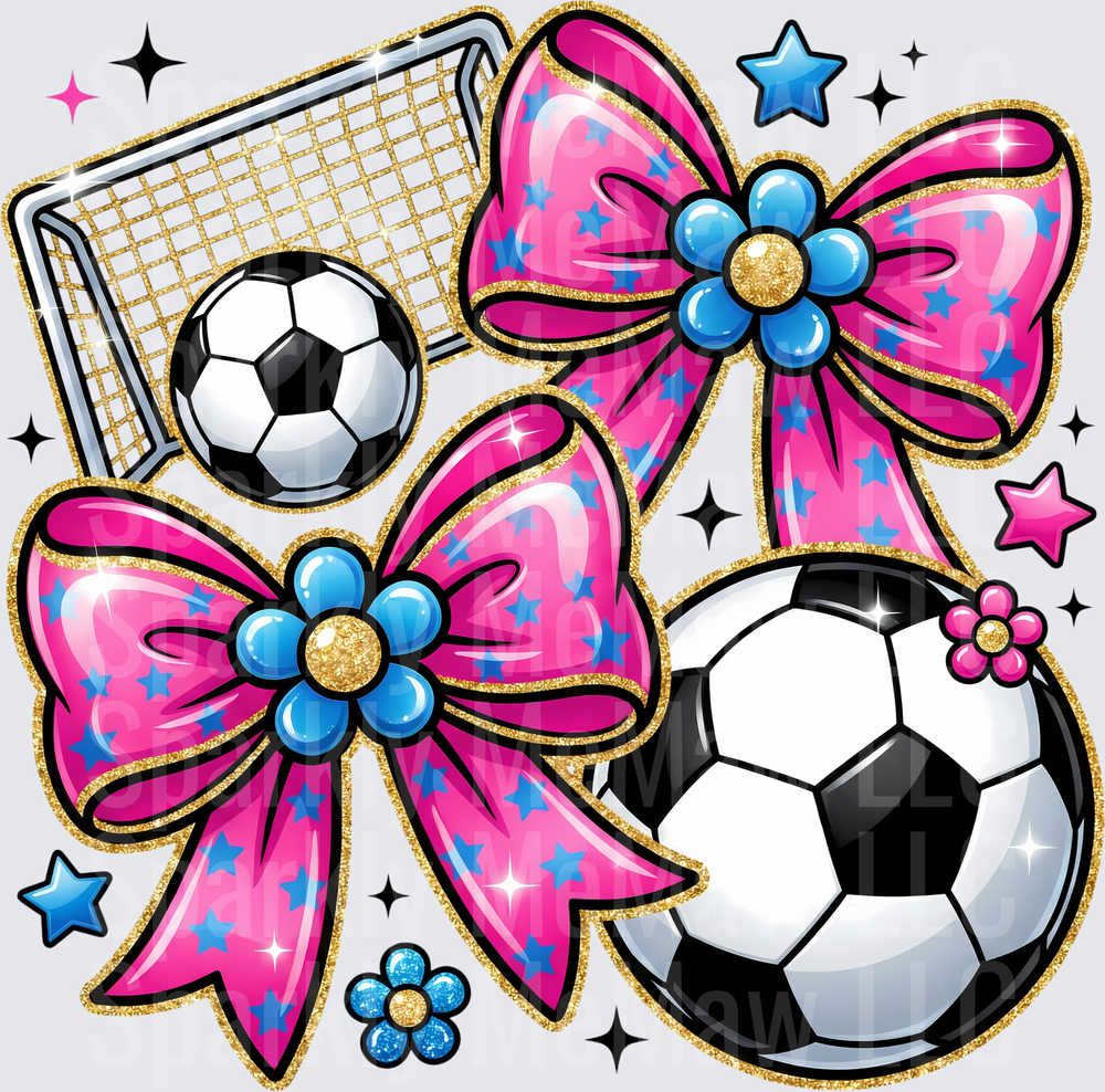 Soccer Balls with Pink Bows and Blue Flowers Sparkly Design