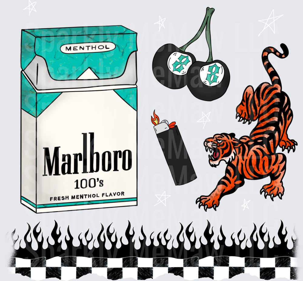 Menthol Cigarette Pack with Tiger Cherries and Lighter Flames Design UV DTF Decal