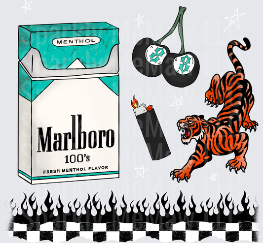 Menthol Cigarette Pack with Tiger Cherries and Lighter Flames Design UV DTF Decal