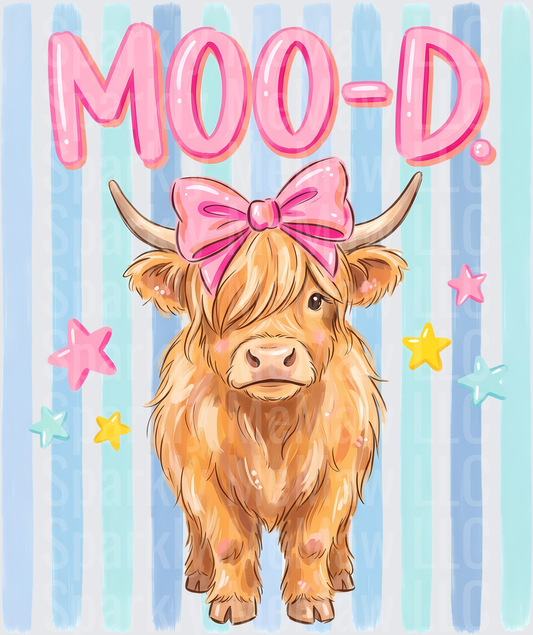 MOO-D Highland Cow with Pink Bow on Striped Background UV DTF Decal