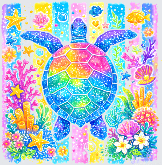 Colorful Rainbow Sea Turtle Swimming Through Coral Reef Garden UV DTF Decal