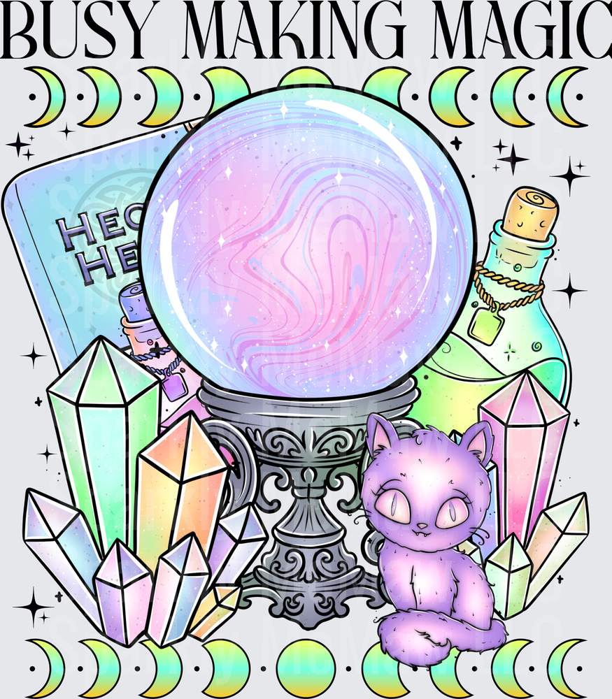 Busy Making Magic Crystal Ball Cat Moon Phases Witchy UV DTF Decal