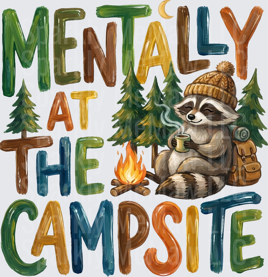 Mentally at the Campsite Raccoon with Coffee and Campfire Scene UV DTF Decal