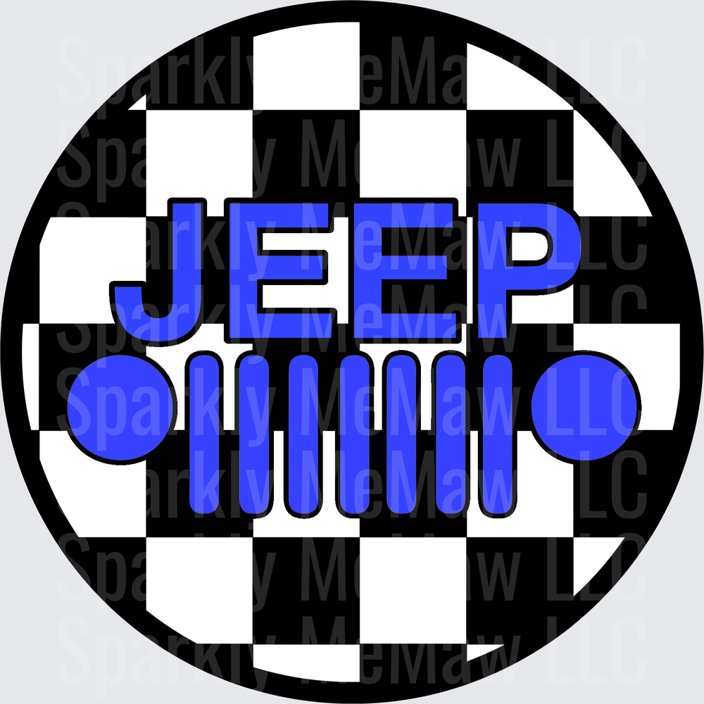 Blue Jeep Grille Logo on Black and White Checkered Flag Circle UV DTF Decal