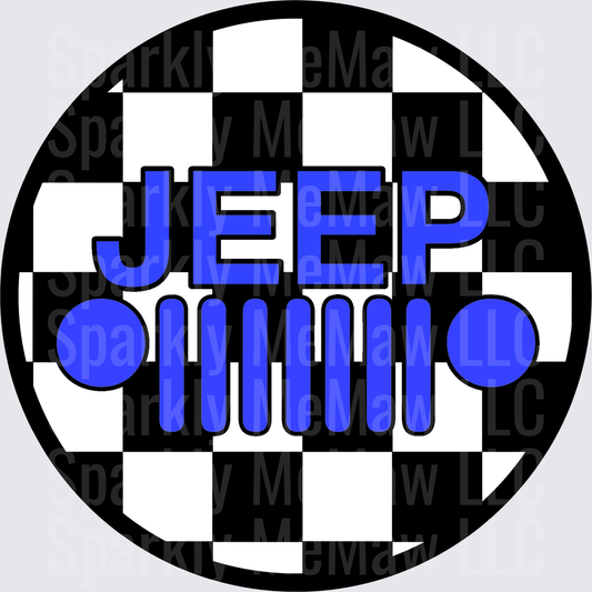 Blue Jeep Grille Logo on Black and White Checkered Flag Circle UV DTF Decal