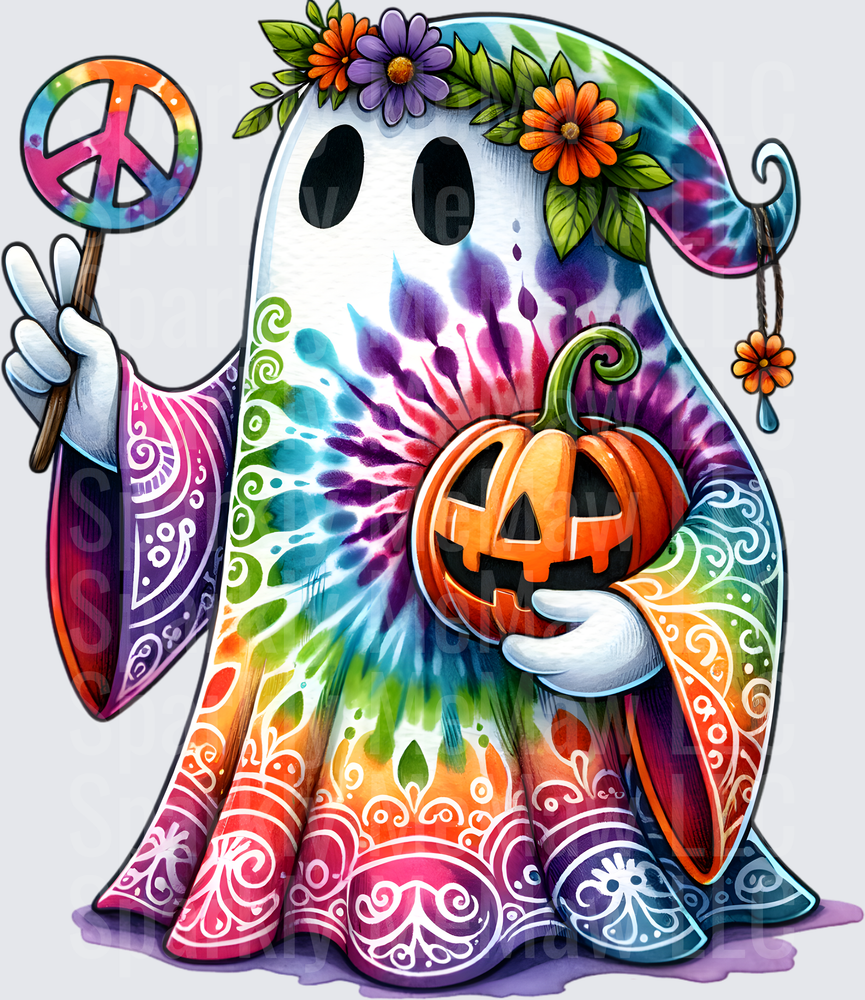 Groovy Hippie Ghost with Peace Sign and Jack-o'-Lantern Tie Dye Halloween DTF Transfer for Fabric