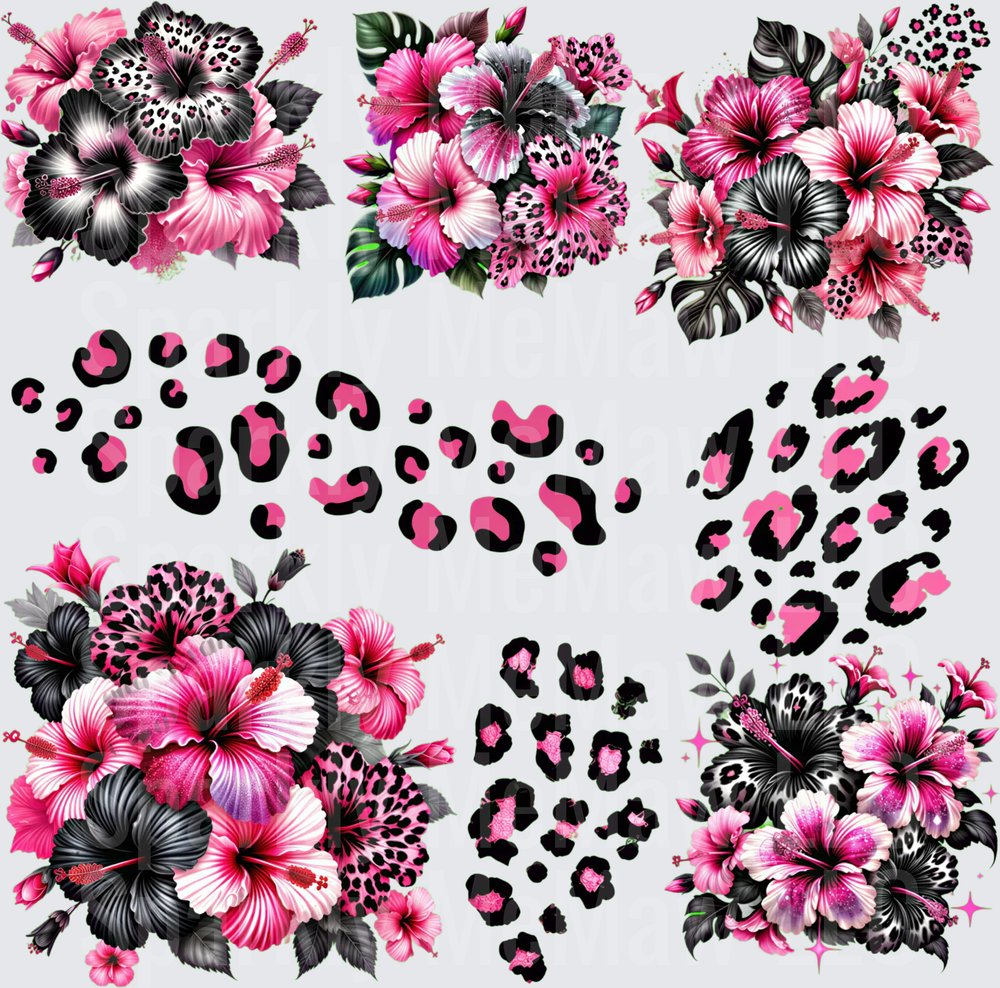 Pink Black Leopard Print Hibiscus Floral Bundle UV DTF 10x10 Element Sheet