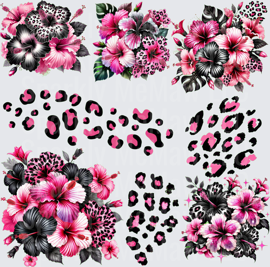 Pink Black Leopard Print Hibiscus Floral Bundle UV DTF 10x10 Element Sheet