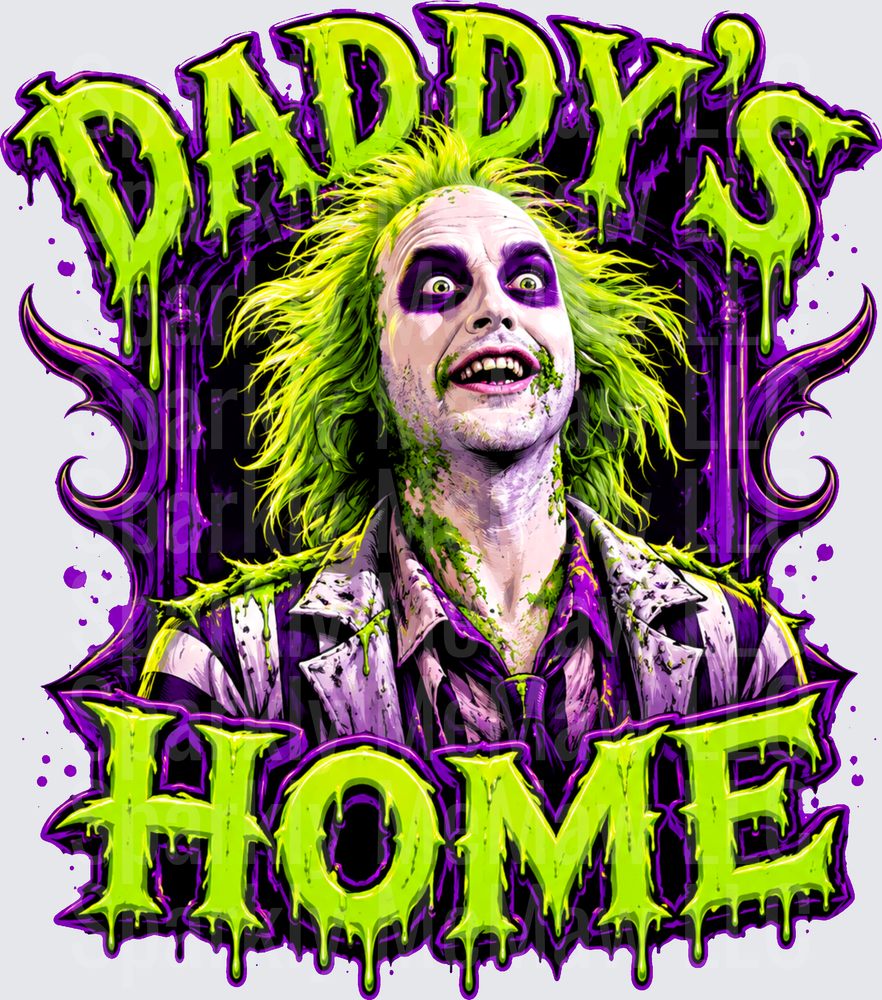 Beetlejuice Daddy's Home Neon Green and Purple Drip Horror Ghost UV DTF Decal