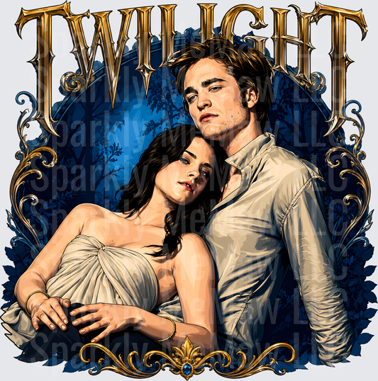 Twilight Edward and Bella Romantic Embrace Gold Ornate Forest Night Design DTF Transfer for fabrics
