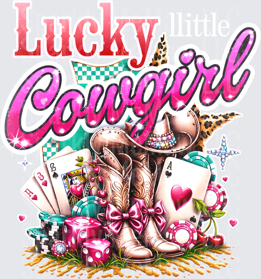 Lucky Cowgirl Western Casino Boots Hat Playing Cards Dice Chips Cherries Rhinestone Cross Leopard Print Pink Bow DTF Transfer for fabric