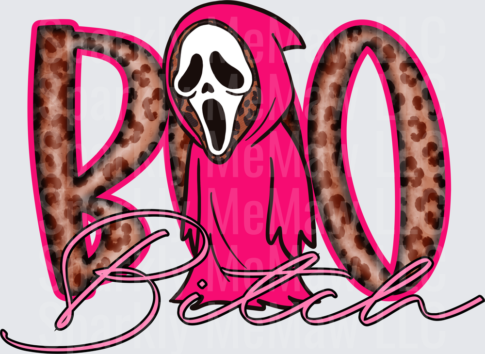 Pink Leopard Print BOO Halloween Ghostface Scream Mask DTF Transfer for Fabric