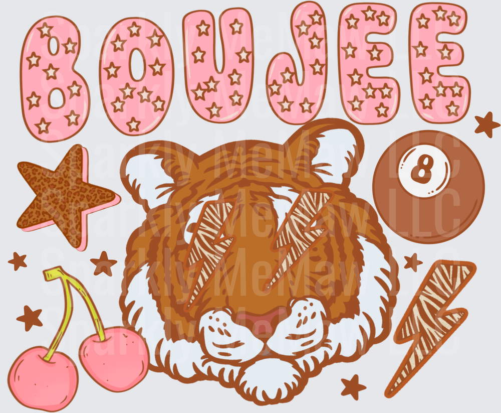 Boujee Tiger Face with Pink Cherries and Brown Stars UV DTF Decal