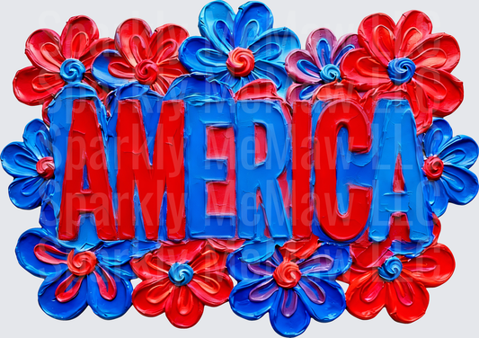 America Text with Red White and Blue Patriotic Flowers UV DTF Decal