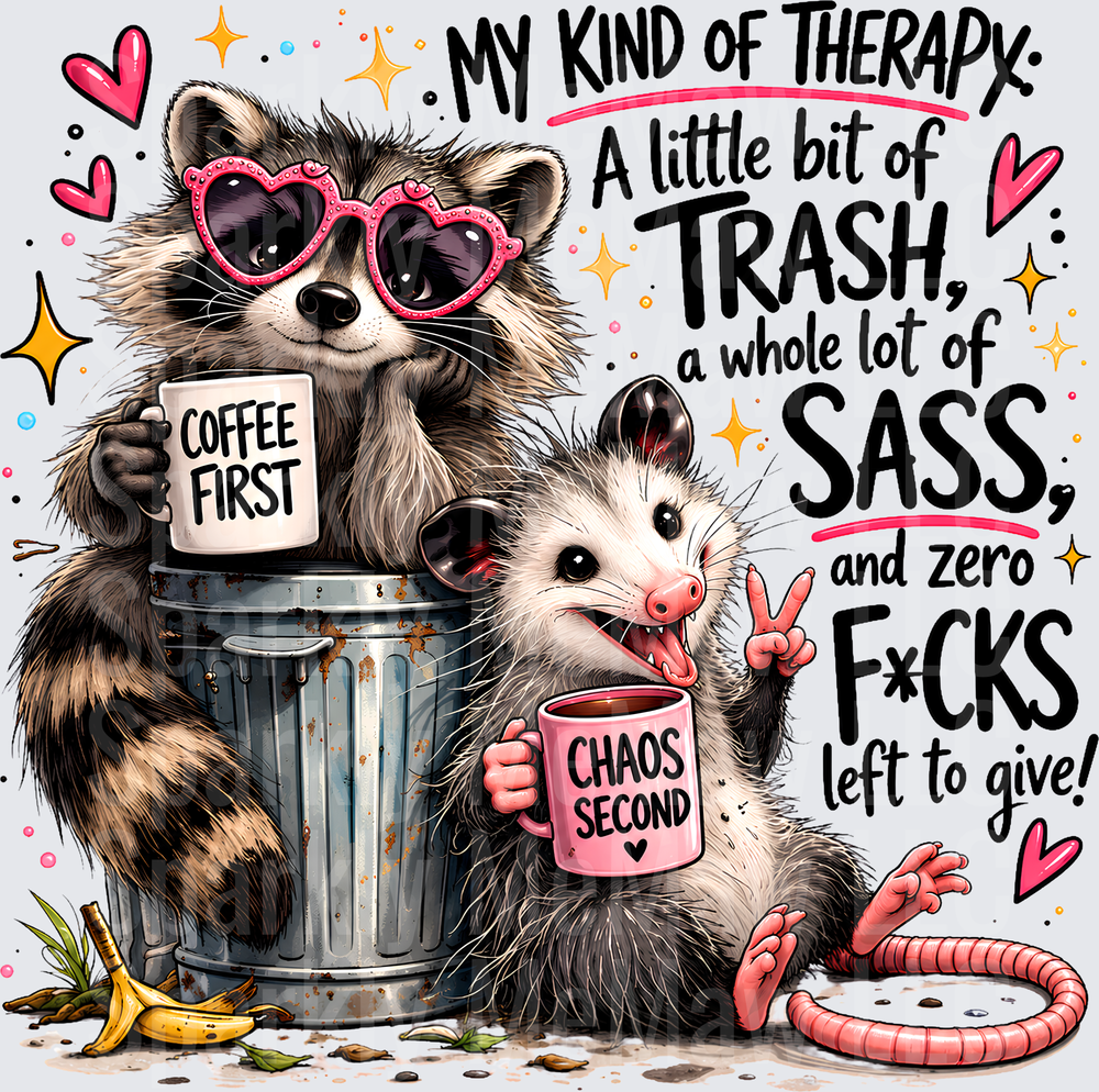 Sassy Raccoon Opossum Therapy this is a UV DTF Decal